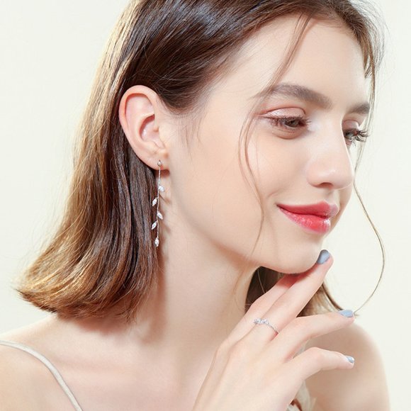 Leaflet Stem Needle Willow Cubic Zirconia Silver Drop Earrings - Picture 3 of 7